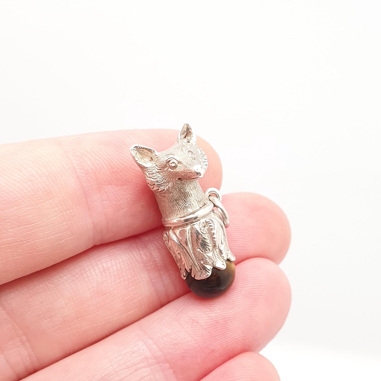 Antique Solid Silver Fox Fob Pendant Victorian Tiger Eye Necklace Bracelet Charm Animal Hunting Vintage Jewelry Jewellery