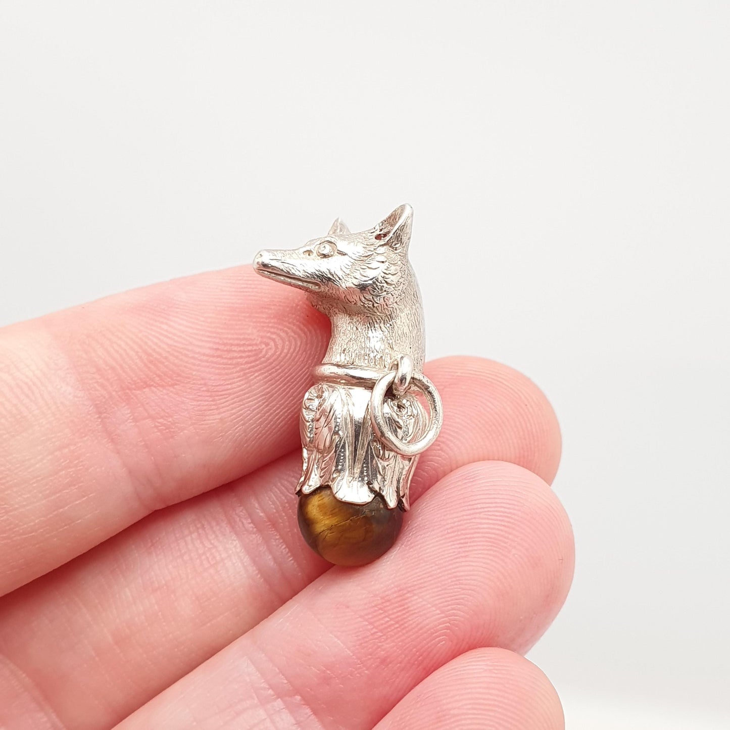 Antique Solid Silver Fox Fob Pendant Victorian Tiger Eye Necklace Bracelet Charm Animal Hunting Vintage Jewelry Jewellery
