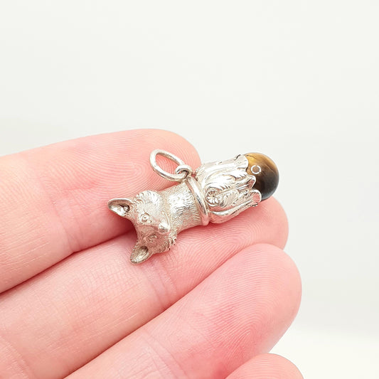 Antique Solid Silver Fox Fob Pendant Victorian Tiger Eye Necklace Bracelet Charm Animal Hunting Vintage Jewelry Jewellery