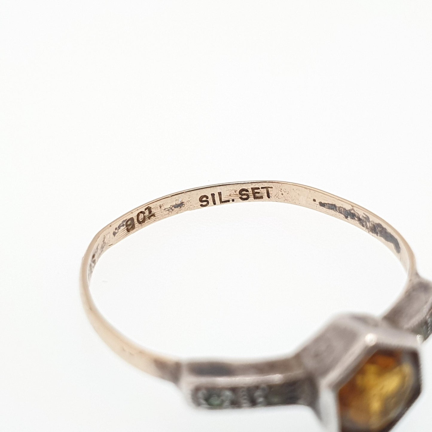 Antique 9ct Gold Citrine Paste Ring Diamond Pastes Solid Silver 9k 375 Art Deco Orange Glass 1920s Vintage Cocktail