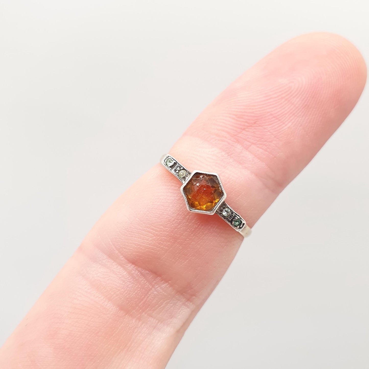 Antique 9ct Gold Citrine Paste Ring Diamond Pastes Solid Silver 9k 375 Art Deco Orange Glass 1920s Vintage Cocktail