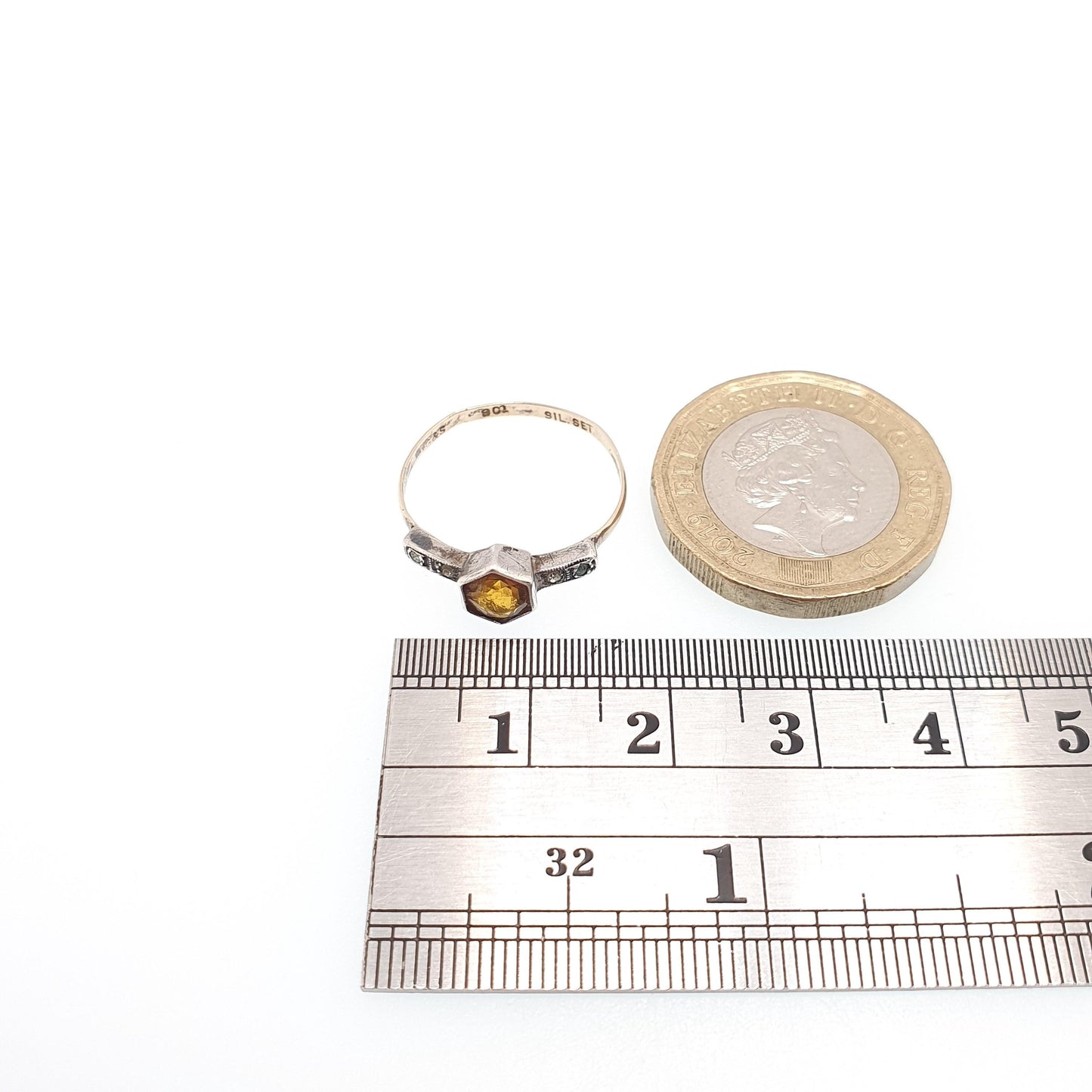 Antique 9ct Gold Citrine Paste Ring Diamond Pastes Solid Silver 9k 375 Art Deco Orange Glass 1920s Vintage Cocktail