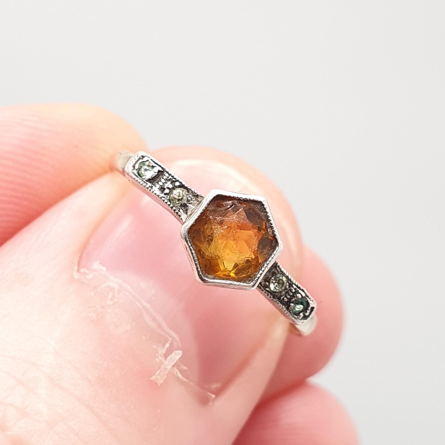 Antique 9ct Gold Citrine Paste Ring Diamond Pastes Solid Silver 9k 375 Art Deco Orange Glass 1920s Vintage Cocktail