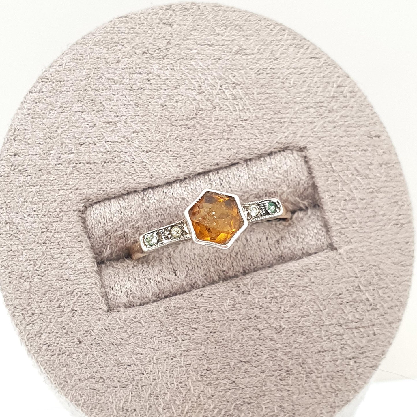 Antique 9ct Gold Citrine Paste Ring Diamond Pastes Solid Silver 9k 375 Art Deco Orange Glass 1920s Vintage Cocktail