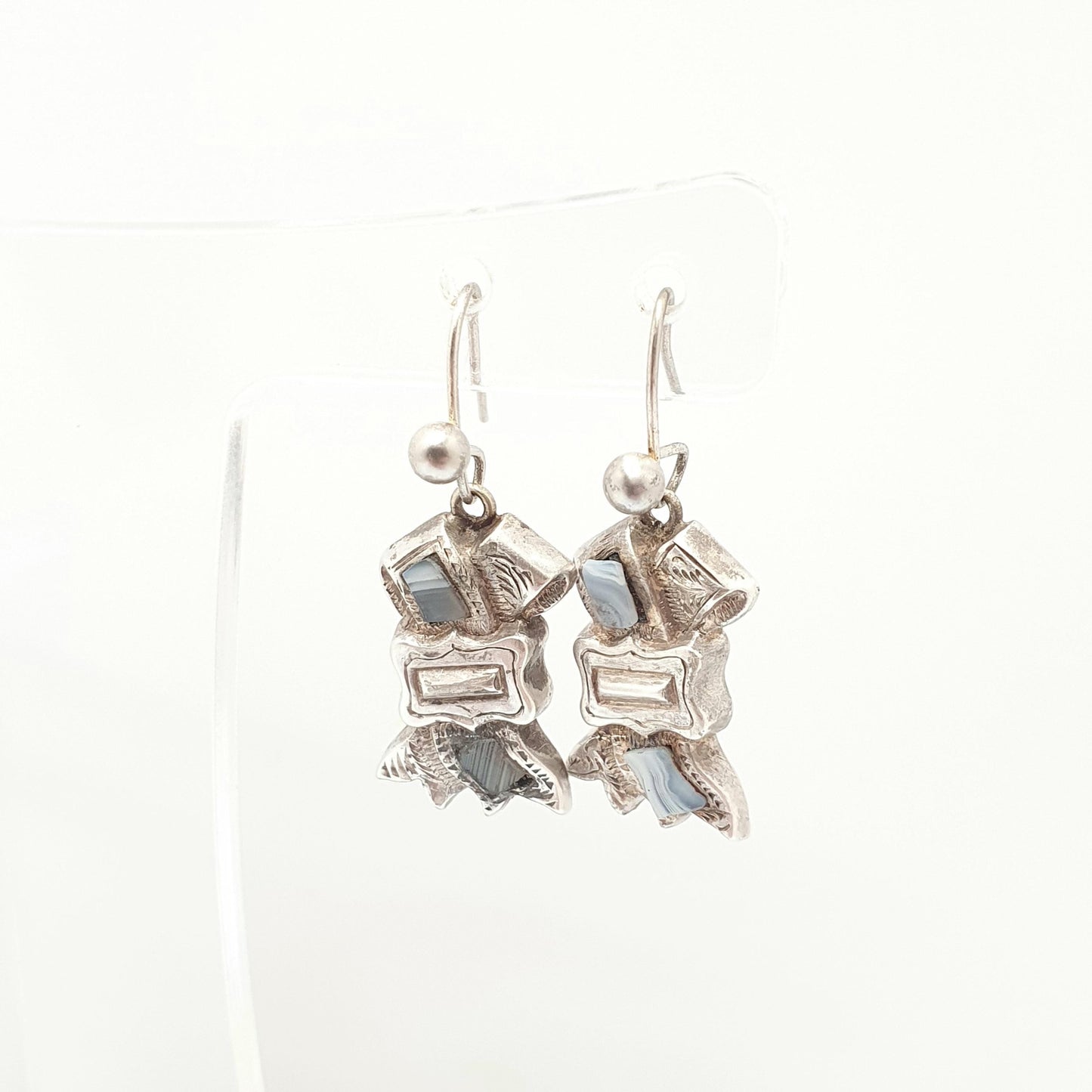 Antique Montrose Lace Agate Solid Silver Earrings Scottish Buckle Hook Dangle Drop Fine Vintage Jewelry Jewellery