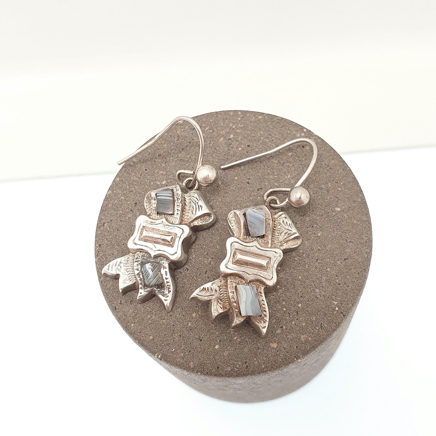 Antique Montrose Lace Agate Solid Silver Earrings Scottish Buckle Hook Dangle Drop Fine Vintage Jewelry Jewellery