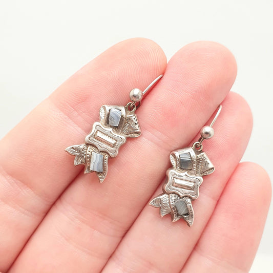 Antique Montrose Lace Agate Solid Silver Earrings Scottish Buckle Hook Dangle Drop Fine Vintage Jewelry Jewellery