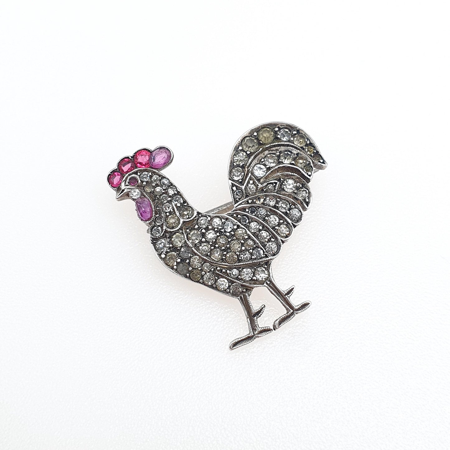 Antique Sterling Silver Rooster Cockerel Bird Brooch Ruby Paste Diamond Pastes Victorian Chicken