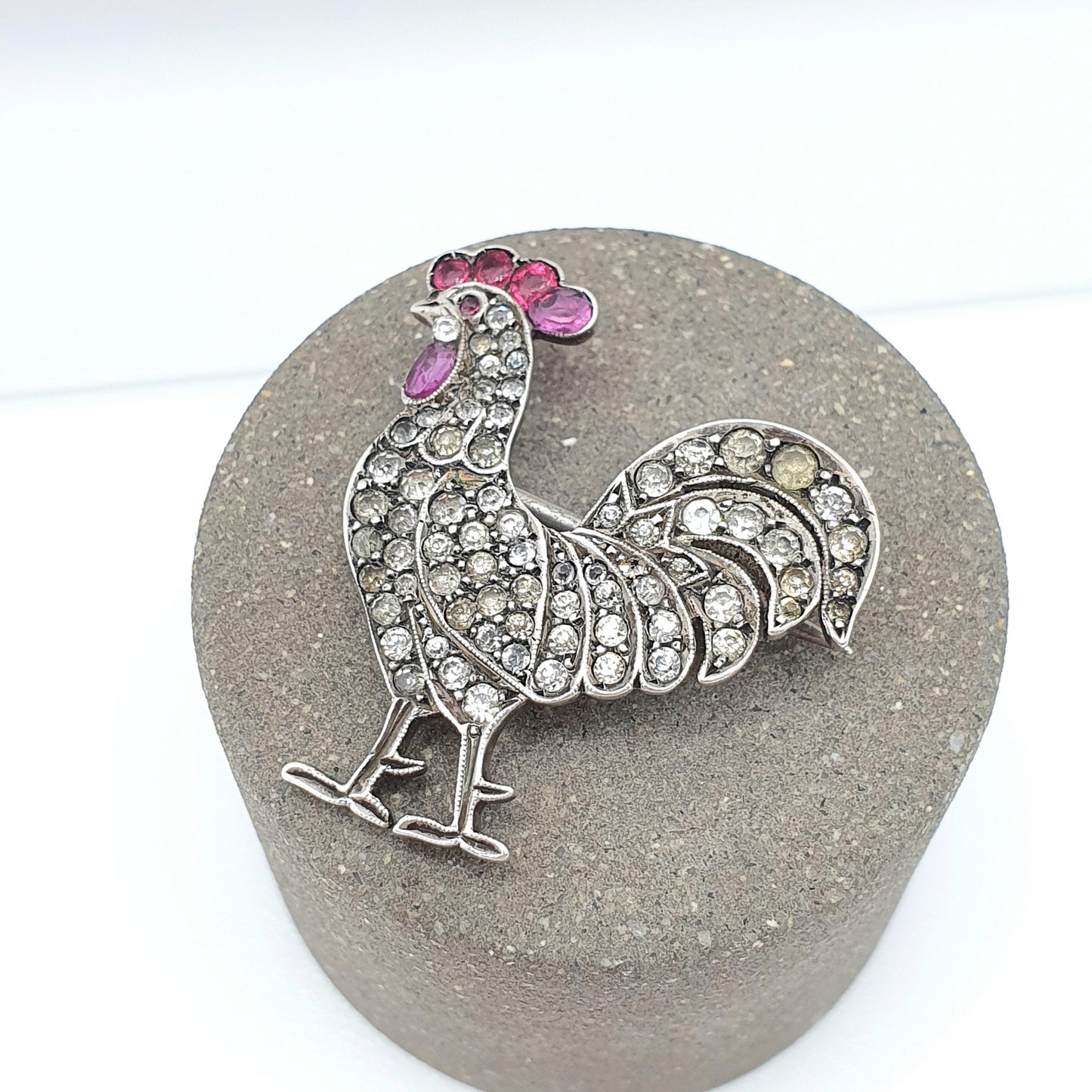 Antique Sterling Silver Rooster Cockerel Bird Brooch Ruby Paste Diamond Pastes Victorian Chicken