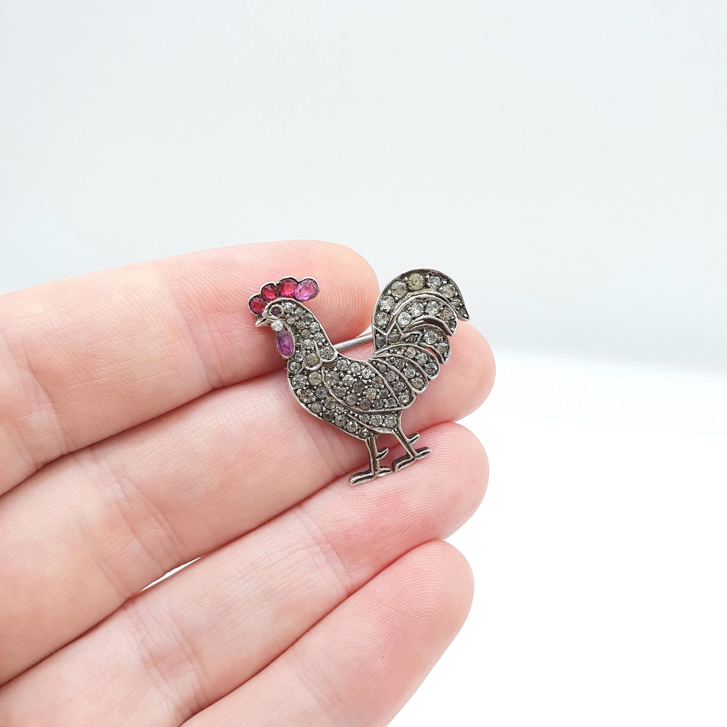 Antique Sterling Silver Rooster Cockerel Bird Brooch Ruby Paste Diamond Pastes Victorian Chicken
