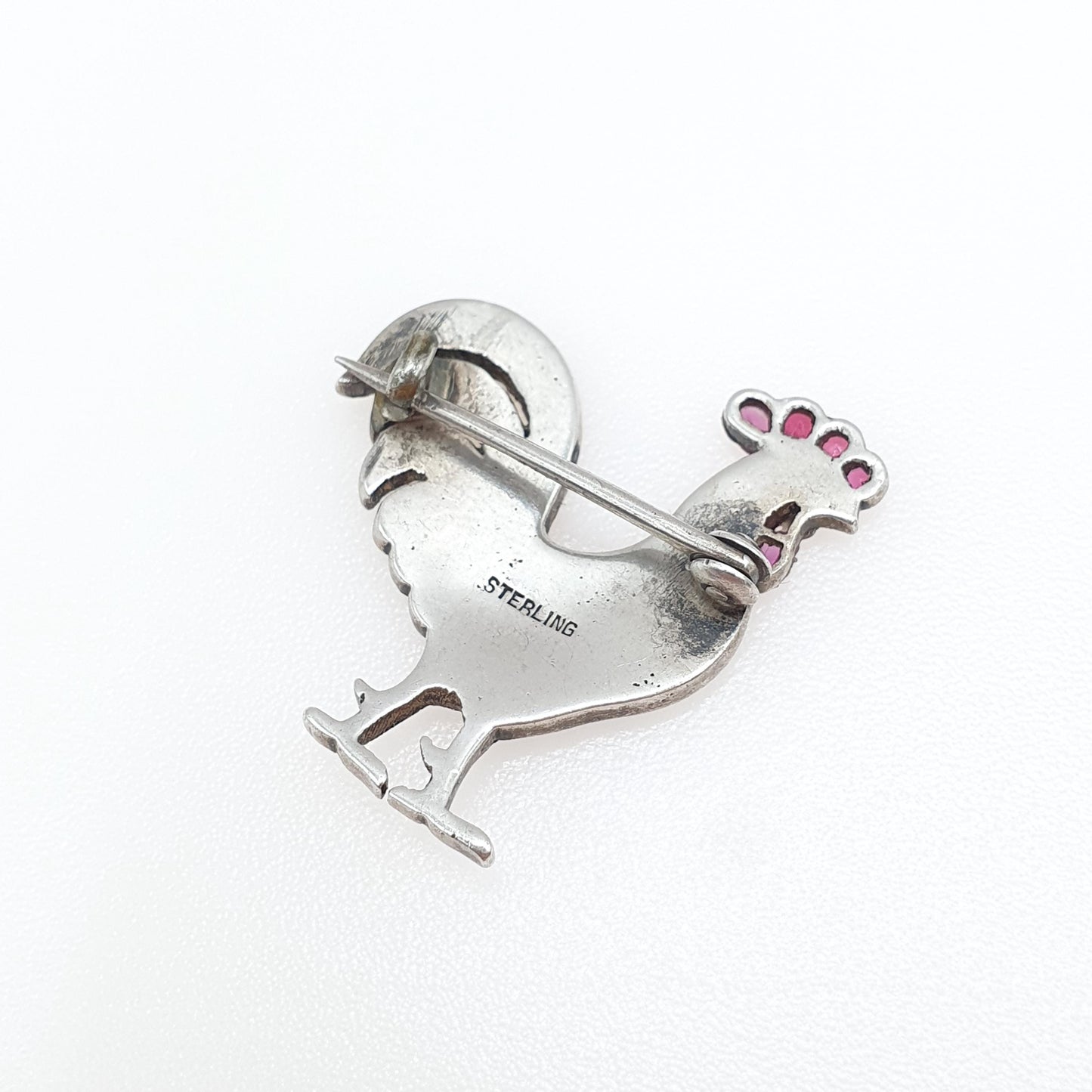 Antique Sterling Silver Rooster Cockerel Bird Brooch Ruby Paste Diamond Pastes Victorian Chicken