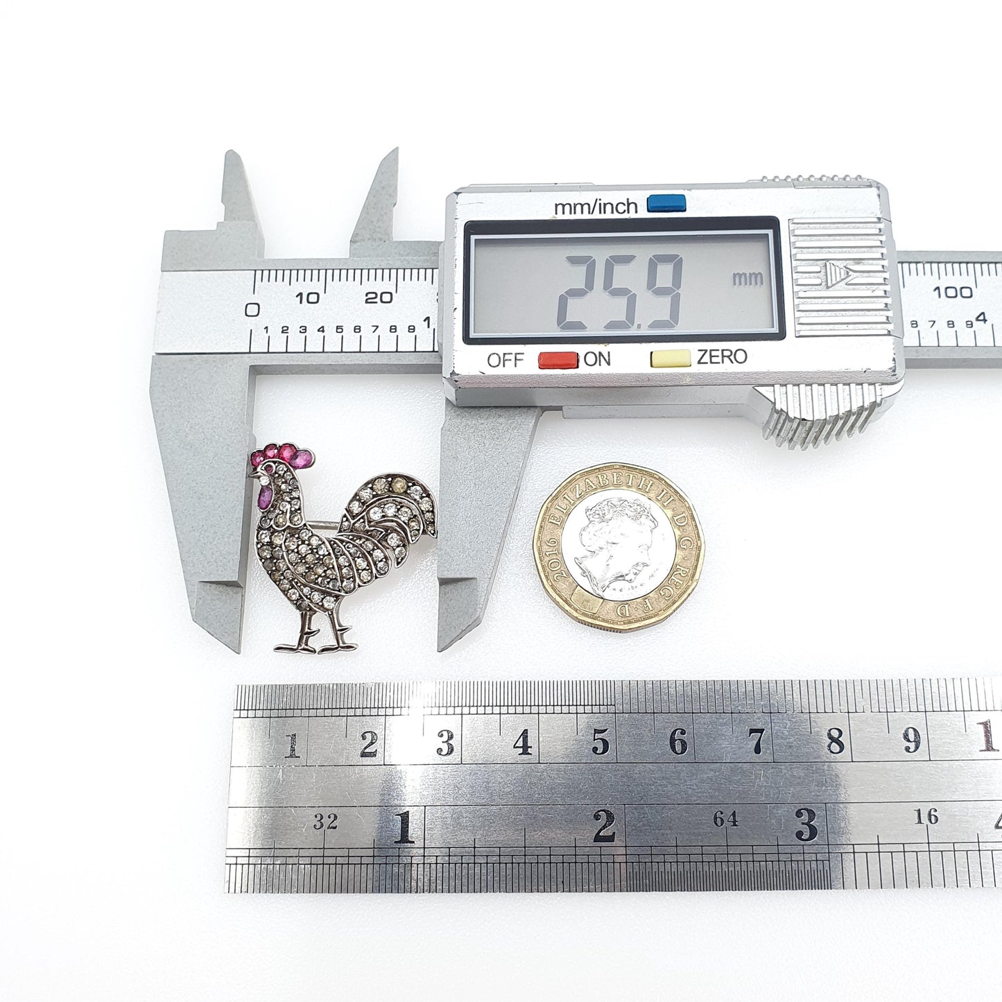 Antique Sterling Silver Rooster Cockerel Bird Brooch Ruby Paste Diamond Pastes Victorian Chicken