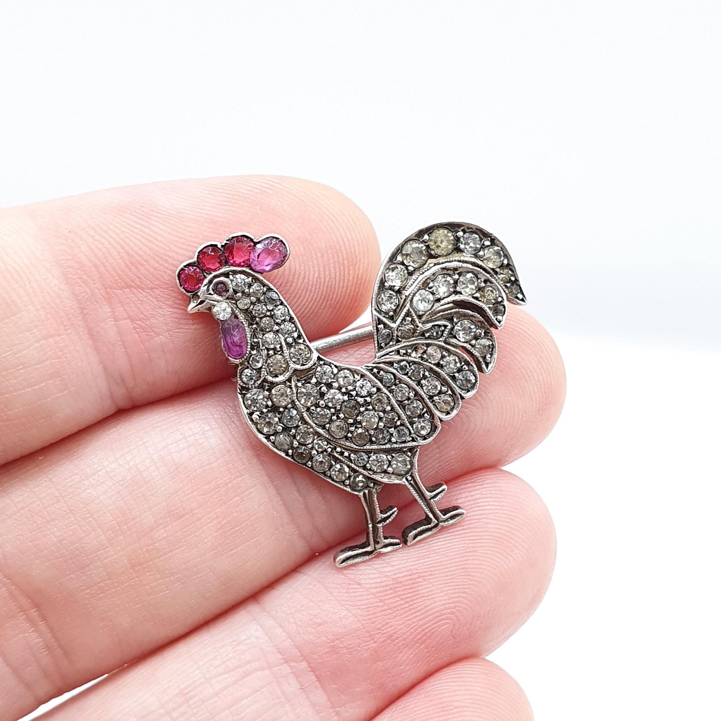 Antique Sterling Silver Rooster Cockerel Bird Brooch Ruby Paste Diamond Pastes Victorian Chicken