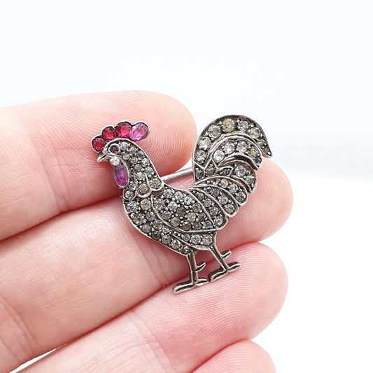 Antique Sterling Silver Rooster Cockerel Bird Brooch Ruby Paste Diamond Pastes Victorian Chicken