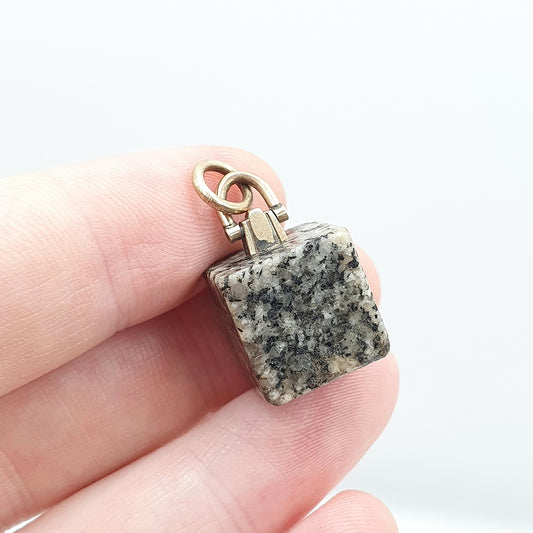 Antique 9ct 9k Gold Aberdeenshire Granite Pendant Fob Necklace Square Cube Grey Scottish Charm Hardstone Jewelry Jewellery