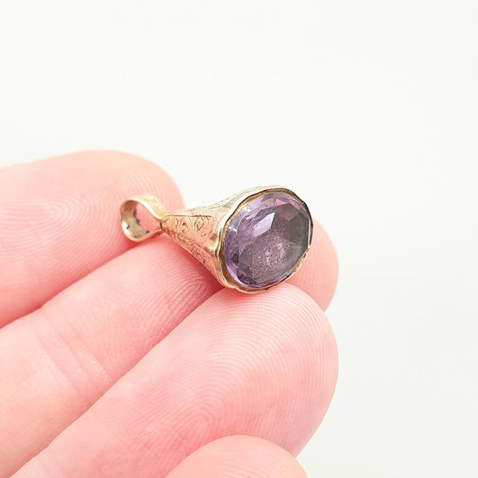 Antique 9ct 9k Gold Amethyst Fob Pendant Necklace Early Victorian Engraved Cone Purple Quartz Gemstone Solid 375 Vintage Jewellery Jewelry