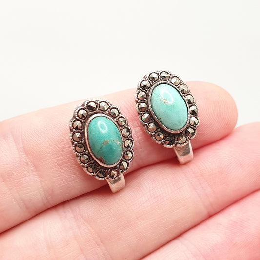 Antique Solid Silver Turquoise Earrings Marcasite Art Deco Sparkly Clip On Vintage Genuine 1920s Womens Jewelry Jewellery