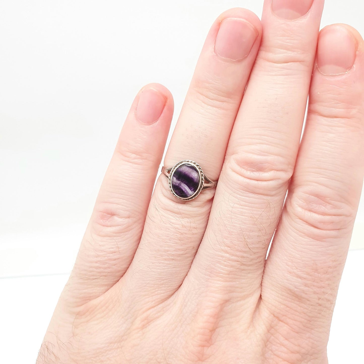 Vintage Blue John Sterling Silver Ring Signet Cabochon Oval Fluorite Bleu Jaune Womens Ladies Retro Oval Rare Gemstone Jewelry Jewellery