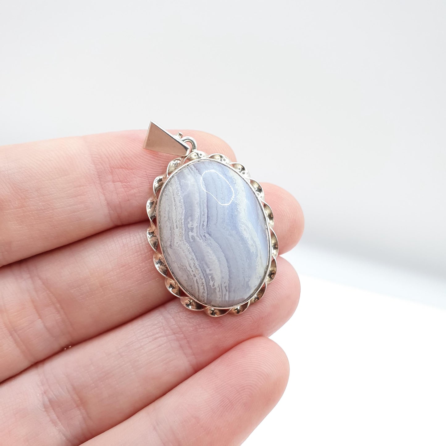 Vintage Solid Silver Montrose Lace Agate Necklace Pendant Chunky Retro Blue Handmade Womens Jewelry
