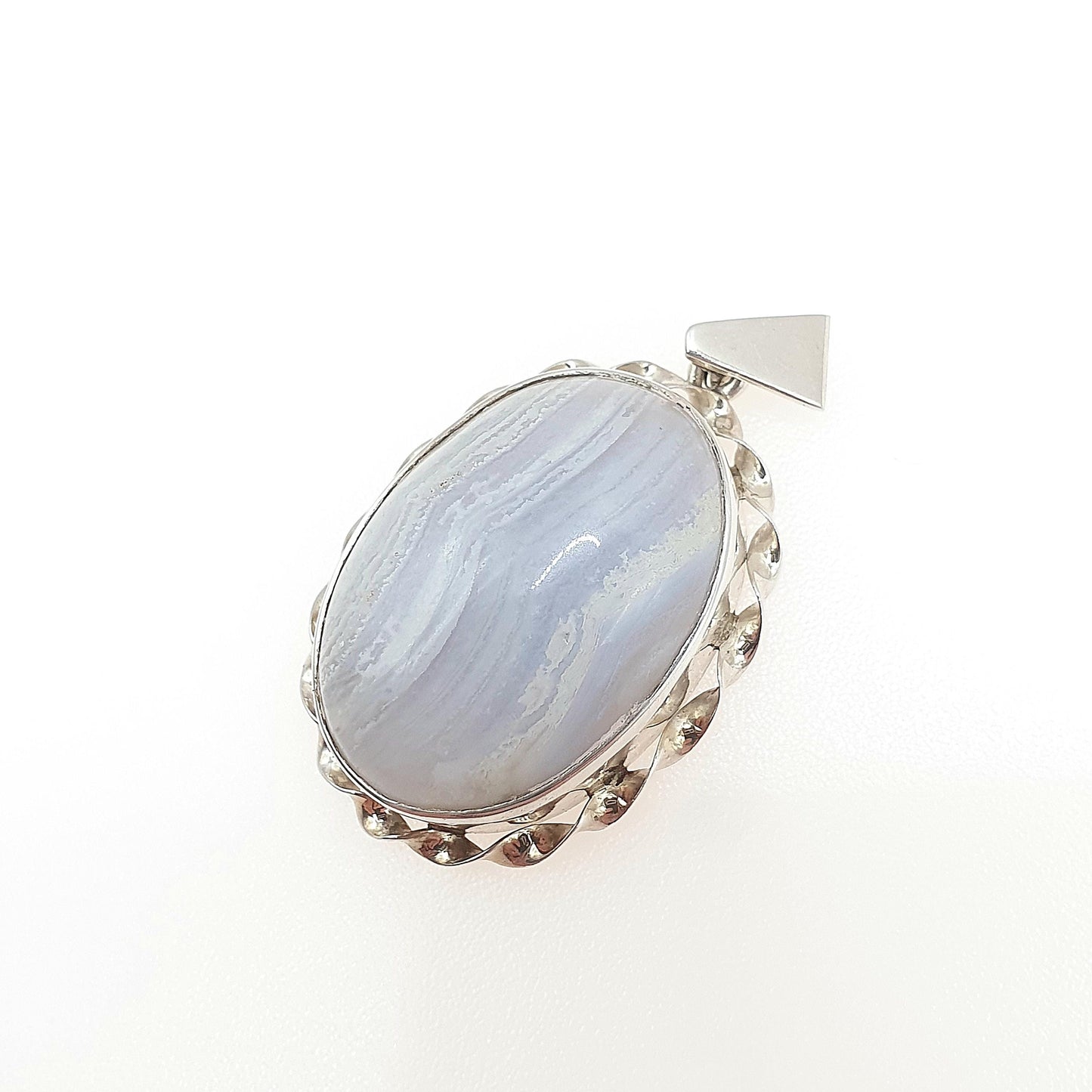 Vintage Solid Silver Montrose Lace Agate Necklace Pendant Chunky Retro Blue Handmade Womens Jewelry