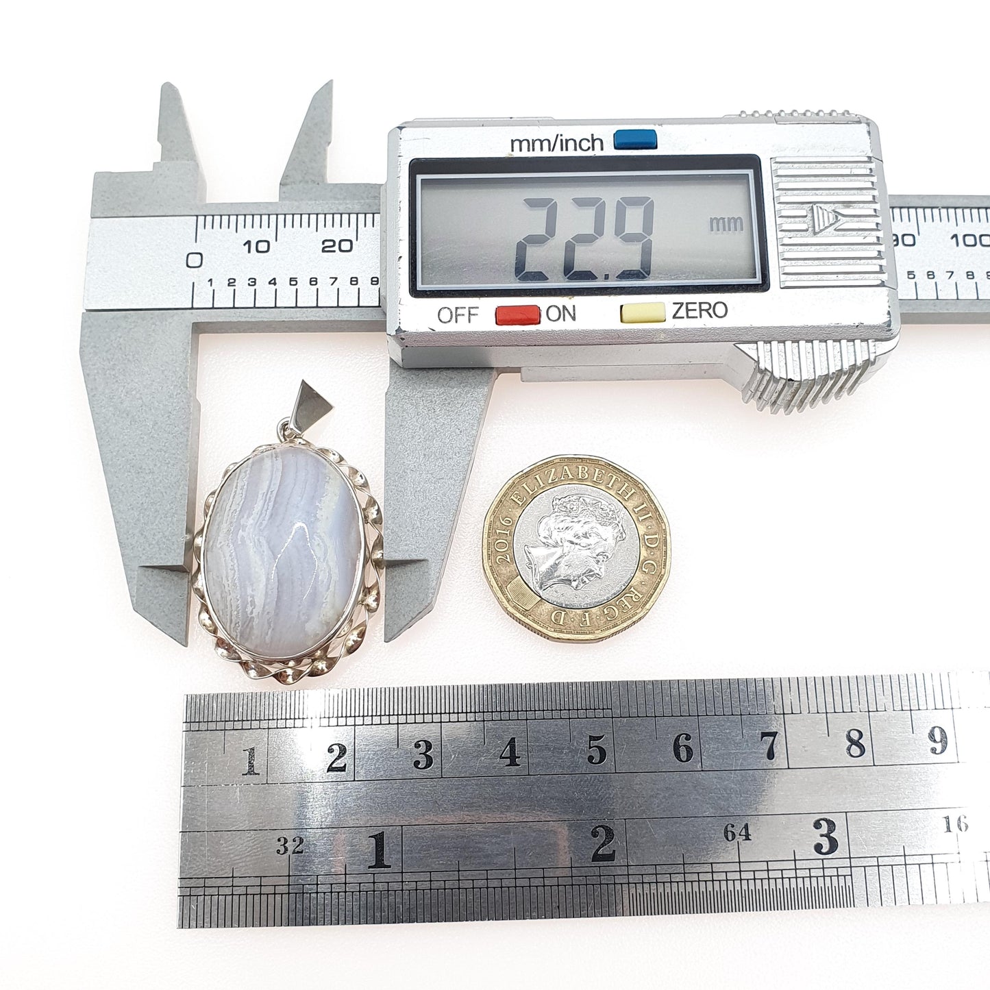 Vintage Solid Silver Montrose Lace Agate Necklace Pendant Chunky Retro Blue Handmade Womens Jewelry