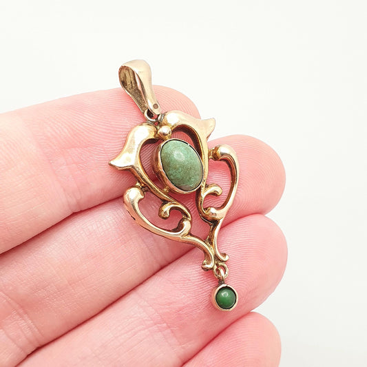 Antique 9ct 9k Gold Turquoise Pendant Art Nouveau Necklace Natural Gemstone Solid 375 Vintage Womens Jewellery Jewelry