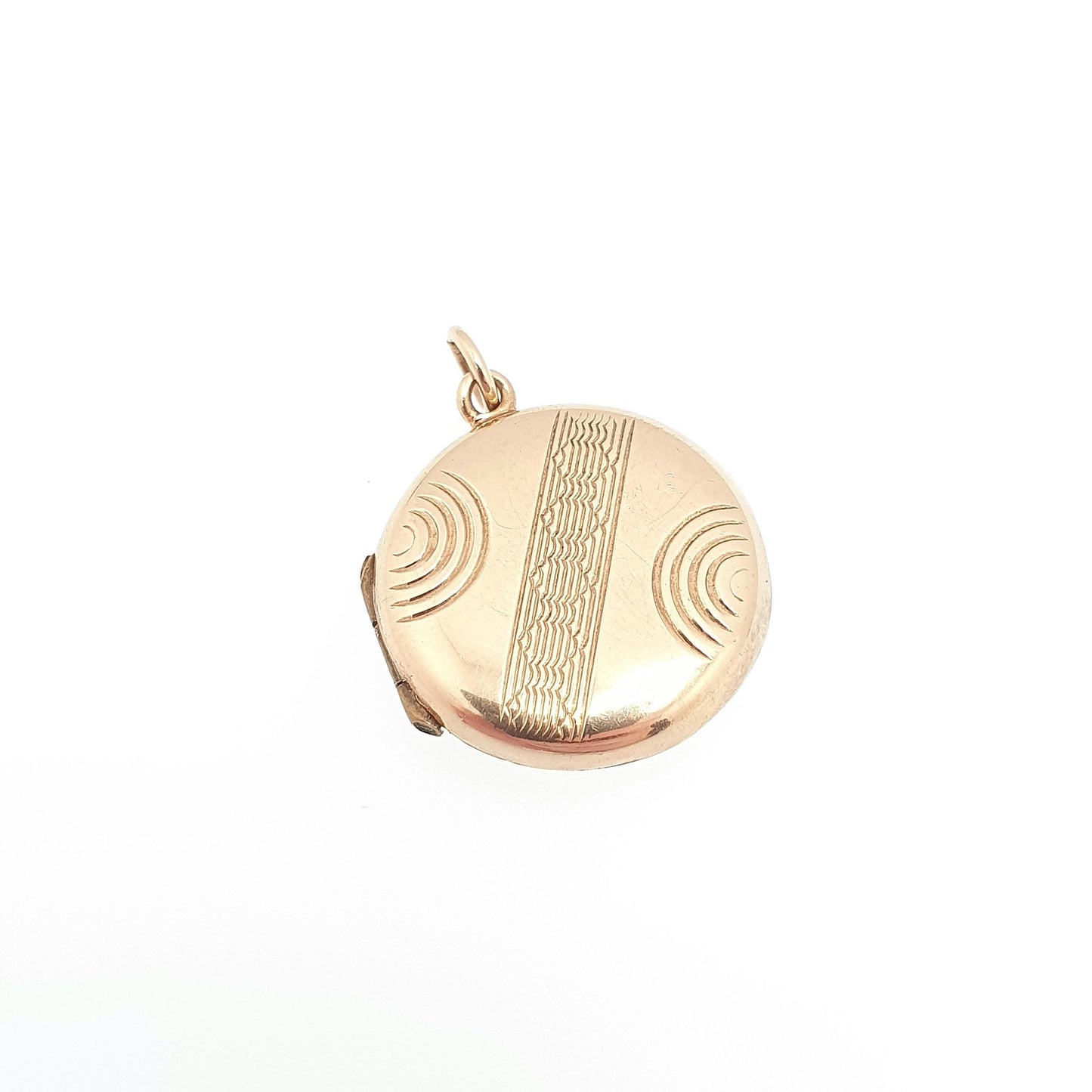 Antique 9ct 9k Gold Locket Pendant Round Art Deco Geometric Pattern Solid 375 Back & Front Small Circle Photo Vintage Necklace