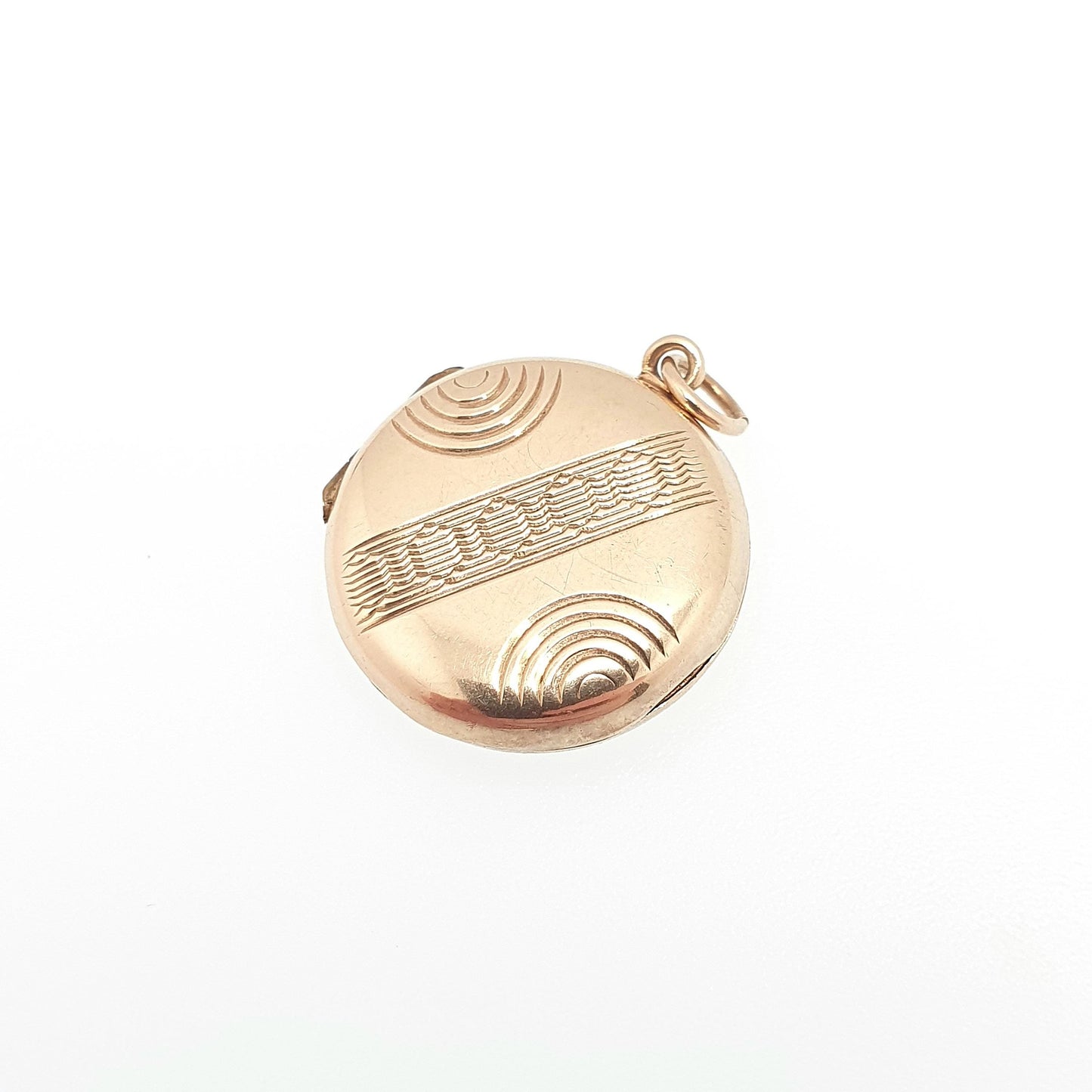 Antique 9ct 9k Gold Locket Pendant Round Art Deco Geometric Pattern Solid 375 Back & Front Small Circle Photo Vintage Necklace