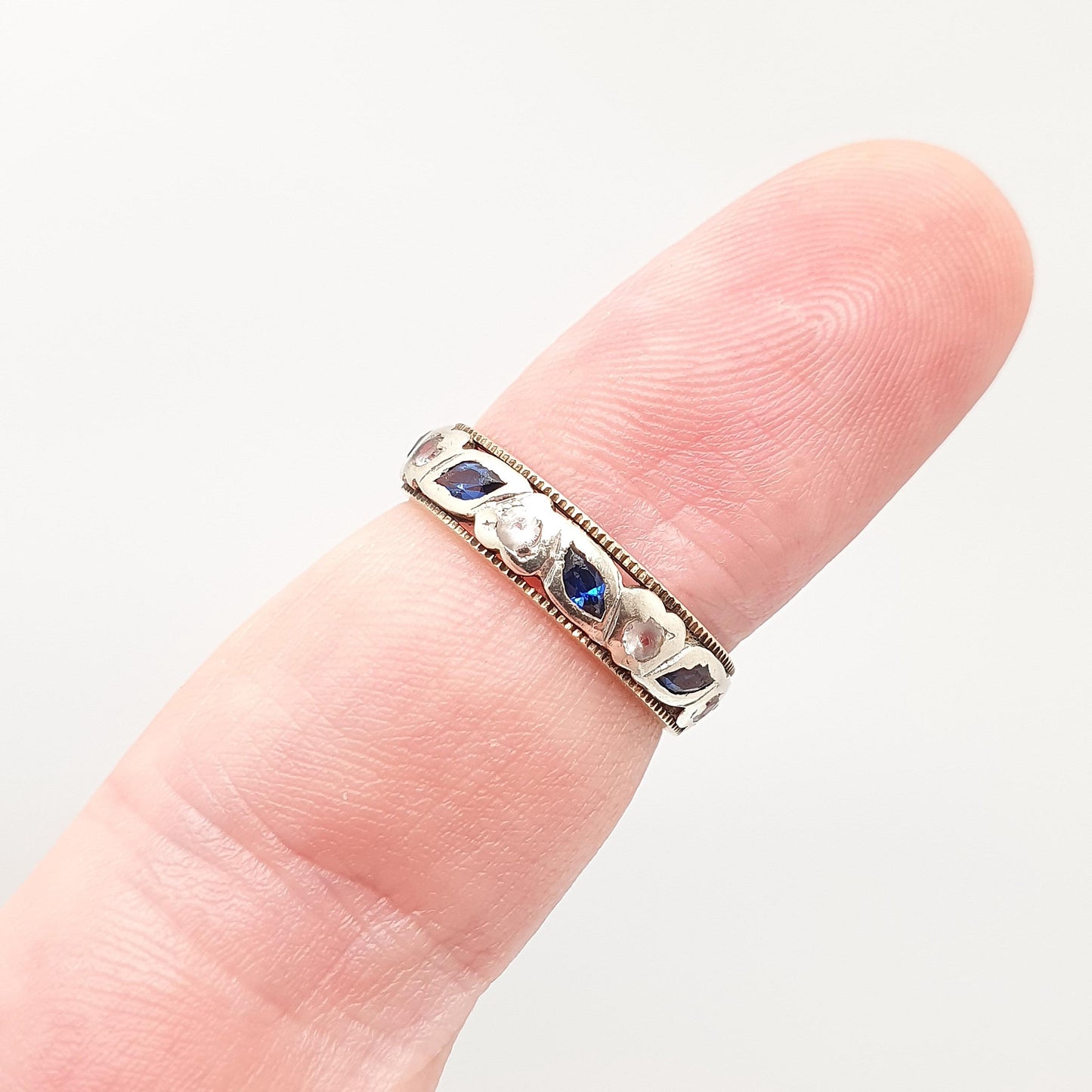 Vintage 9ct Gold Sapphire Eternity Ring White Spinel Marquise Cut Full Band Gemstone Solid 9k 375 Womens Jewelry Jewellery