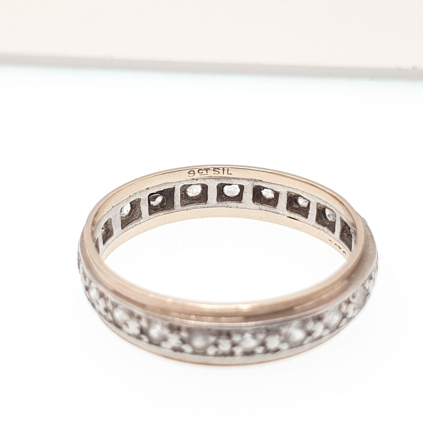 Antique 9ct 9k Gold Eternity Ring Diamond White Spinel Sterling Silver Band Solid 9kt Gold Art Deco Vintage 1920s Womens Jewelry Jewellery