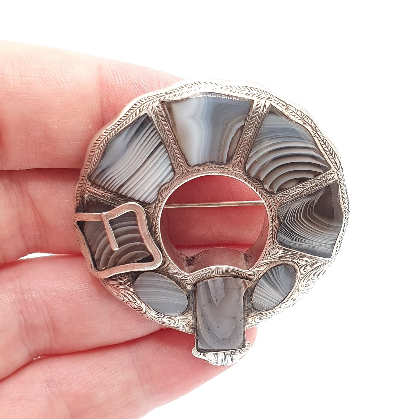 Antique Victorian Sterling Silver Scottish Brooch Montrose Lace Agate Buckle Shape Scotland Large Big Vintage Jewelry Jewellery