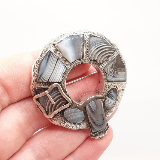 Antique Victorian Sterling Silver Scottish Brooch Montrose Lace Agate Buckle Shape Scotland Large Big Vintage Jewelry Jewellery