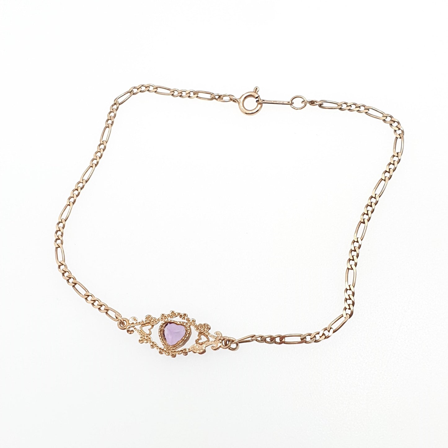 Vintage 9k 9ct Gold Amethyst Bracelet Heart Cut Figaro Link Chain 19cm 7.5" 1.66g Hallmarked Solid 9kt 9 Carat Womens Jewellery Jewelry