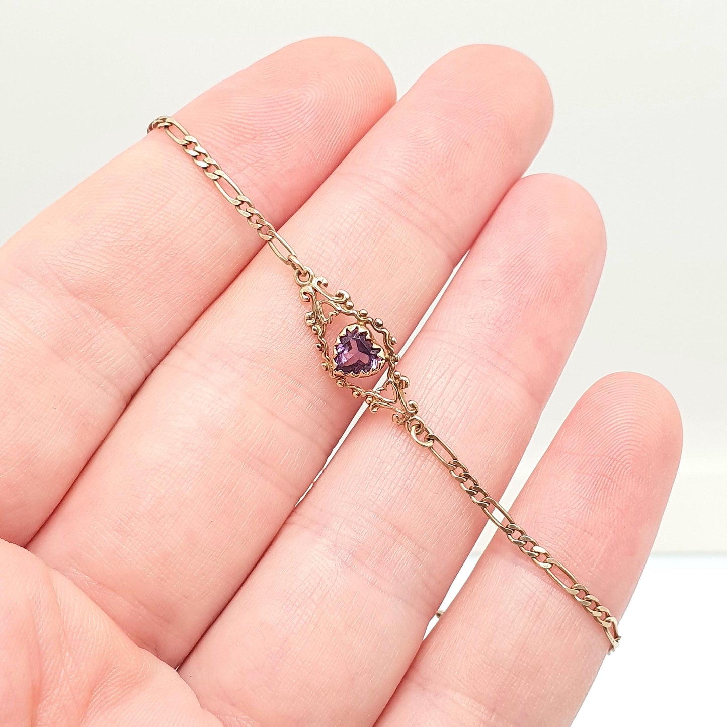 Vintage 9k 9ct Gold Amethyst Bracelet Heart Cut Figaro Link Chain 19cm 7.5" 1.66g Hallmarked Solid 9kt 9 Carat Womens Jewellery Jewelry