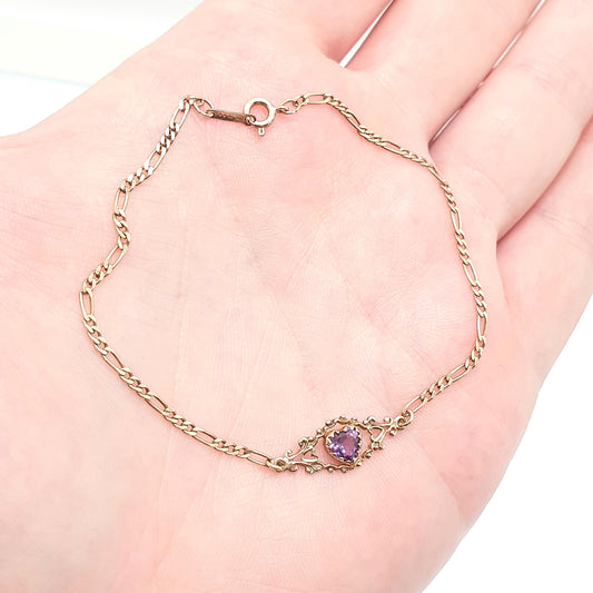 Vintage 9k 9ct Gold Amethyst Bracelet Heart Cut Figaro Link Chain 19cm 7.5" 1.66g Hallmarked Solid 9kt 9 Carat Womens Jewellery Jewelry