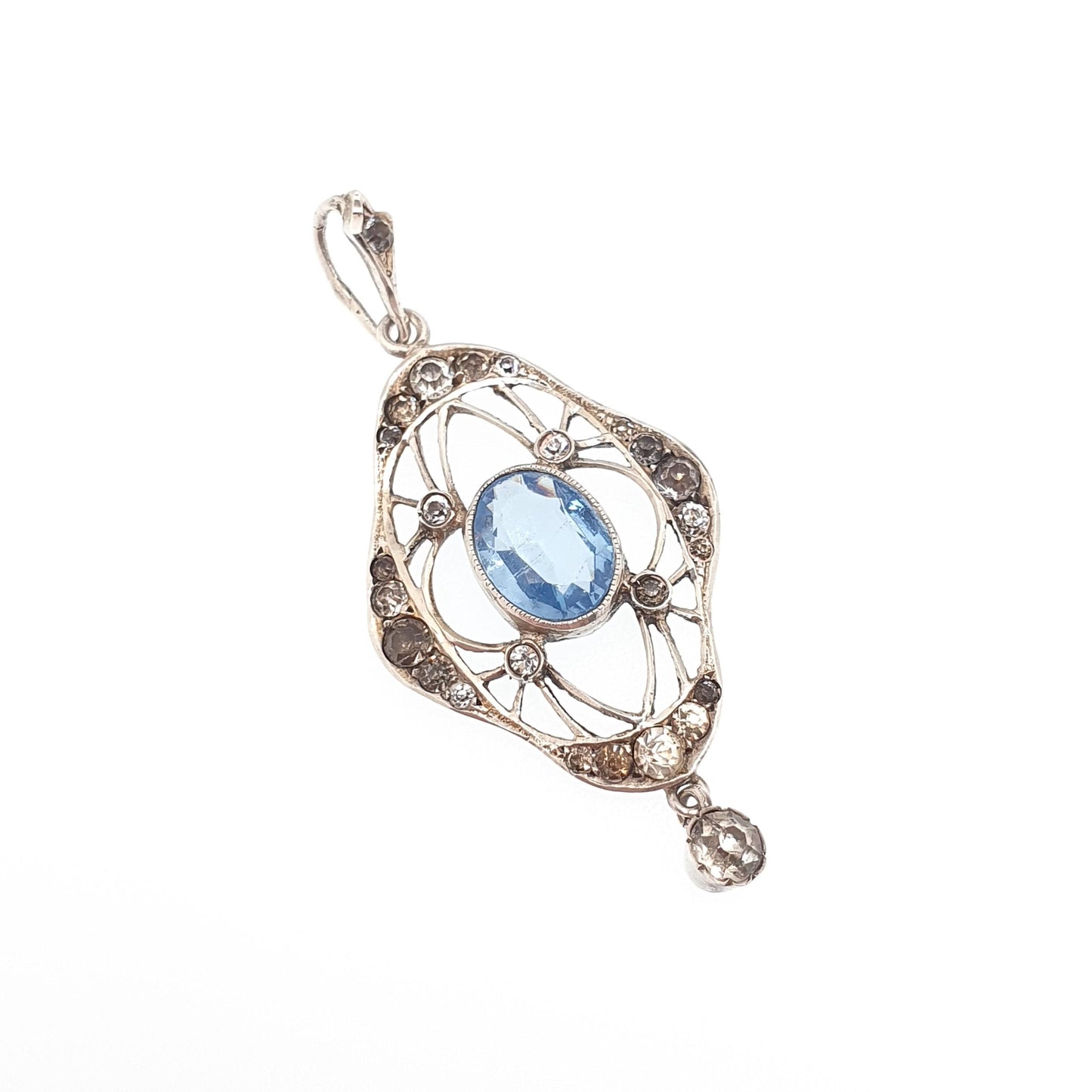 Antique Solid Silver Sapphire & Diamond Paste Pendant Necklace Art Nouveau Drop Vintage Womens Jewellery Jewelry