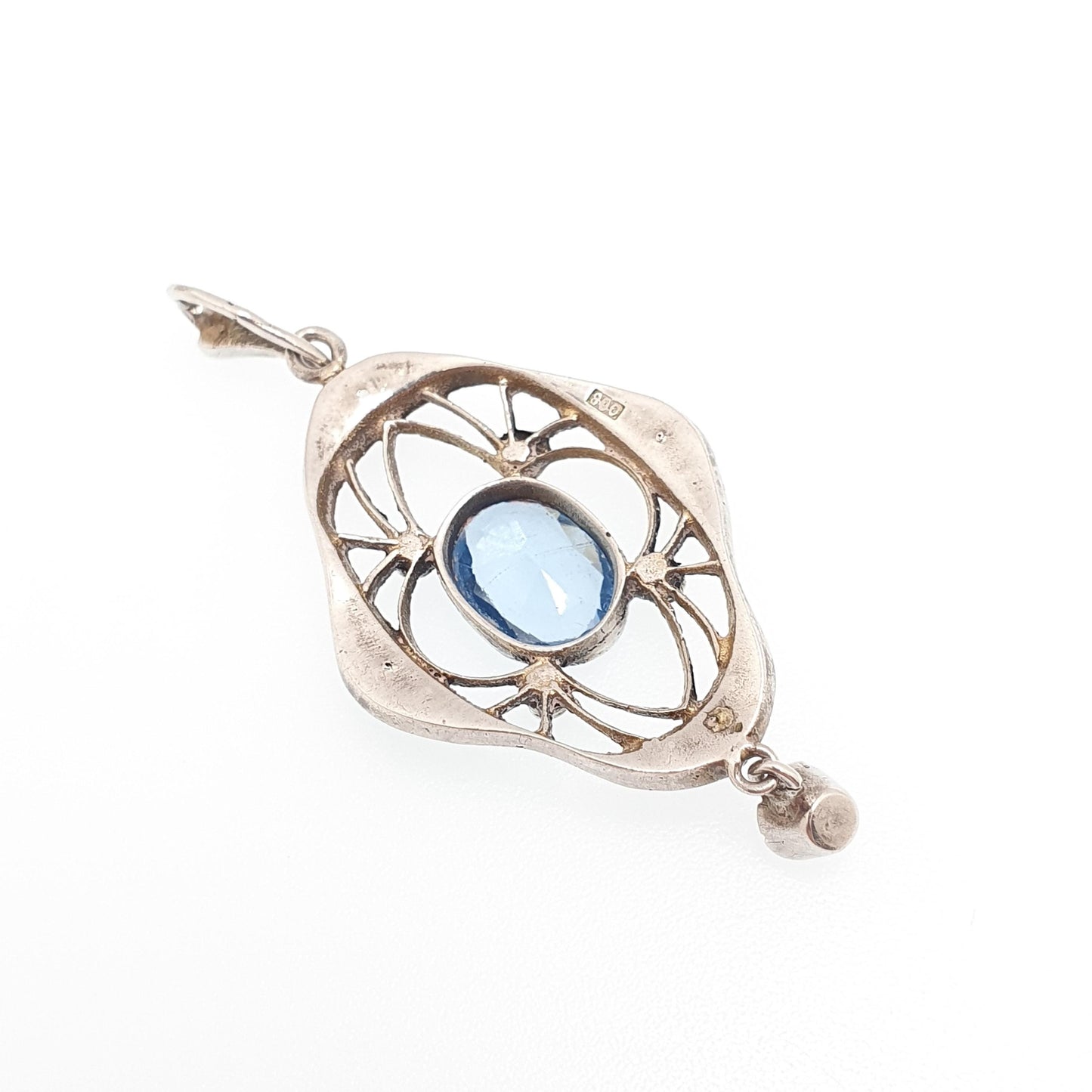 Antique Solid Silver Sapphire & Diamond Paste Pendant Necklace Art Nouveau Drop Vintage Womens Jewellery Jewelry