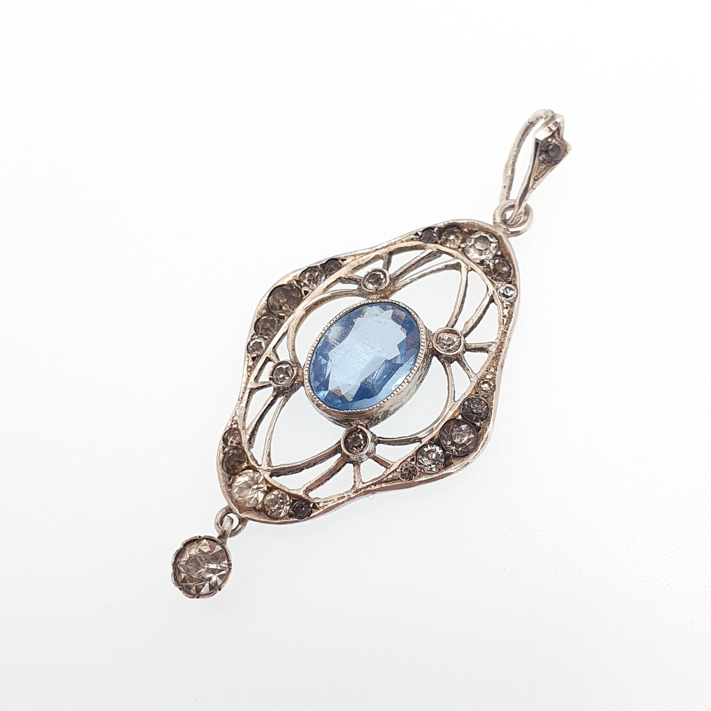 Antique Solid Silver Sapphire & Diamond Paste Pendant Necklace Art Nouveau Drop Vintage Womens Jewellery Jewelry