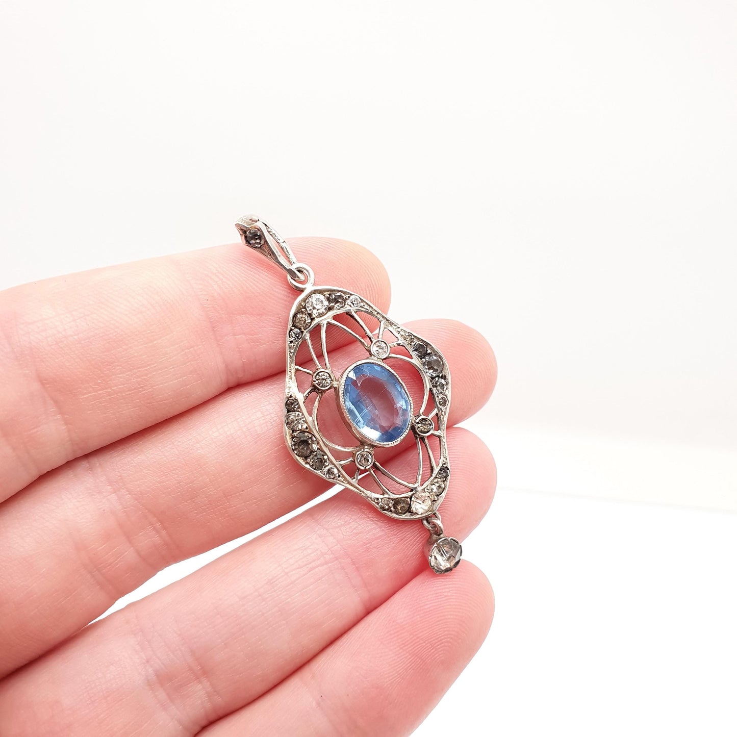 Antique Solid Silver Sapphire & Diamond Paste Pendant Necklace Art Nouveau Drop Vintage Womens Jewellery Jewelry