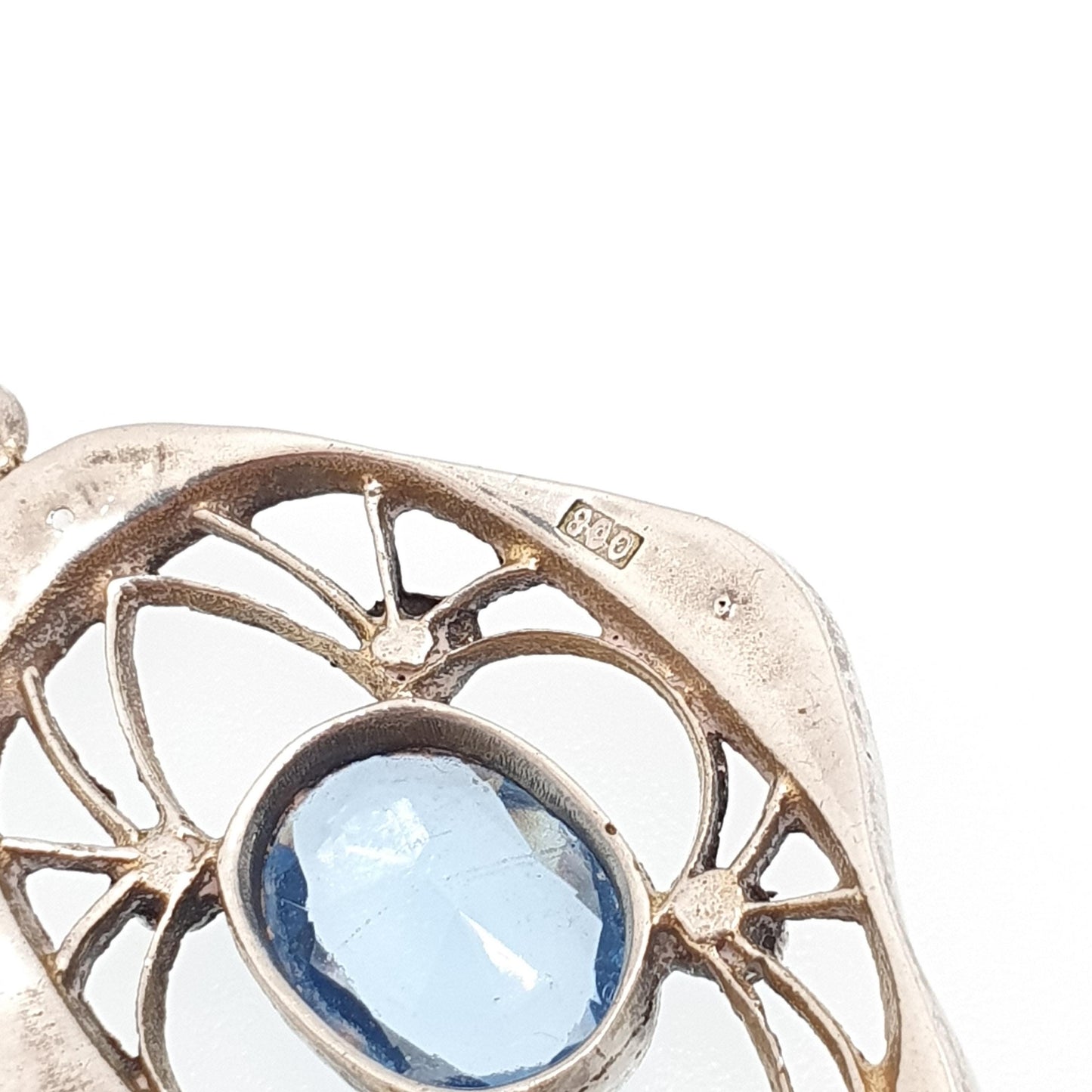 Antique Solid Silver Sapphire & Diamond Paste Pendant Necklace Art Nouveau Drop Vintage Womens Jewellery Jewelry