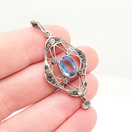 Antique Solid Silver Sapphire & Diamond Paste Pendant Necklace Art Nouveau Drop Vintage Womens Jewellery Jewelry