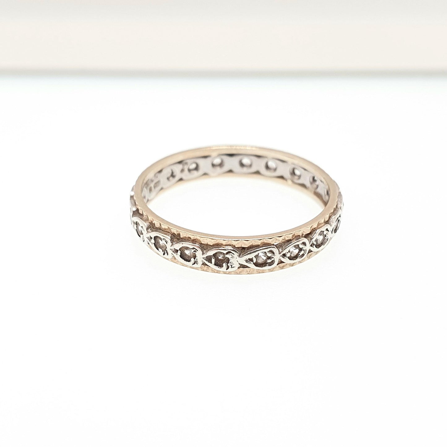 Vintage Solid 9ct Gold Full Eternity Ring Heart Border White Spinel 9k 375 Band Sparkly Diamond Style Stacker Stacking Jewelry Jewellery