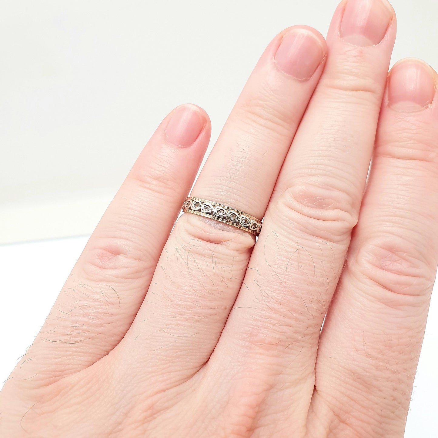 Vintage Solid 9ct Gold Full Eternity Ring Heart Border White Spinel 9k 375 Band Sparkly Diamond Style Stacker Stacking Jewelry Jewellery