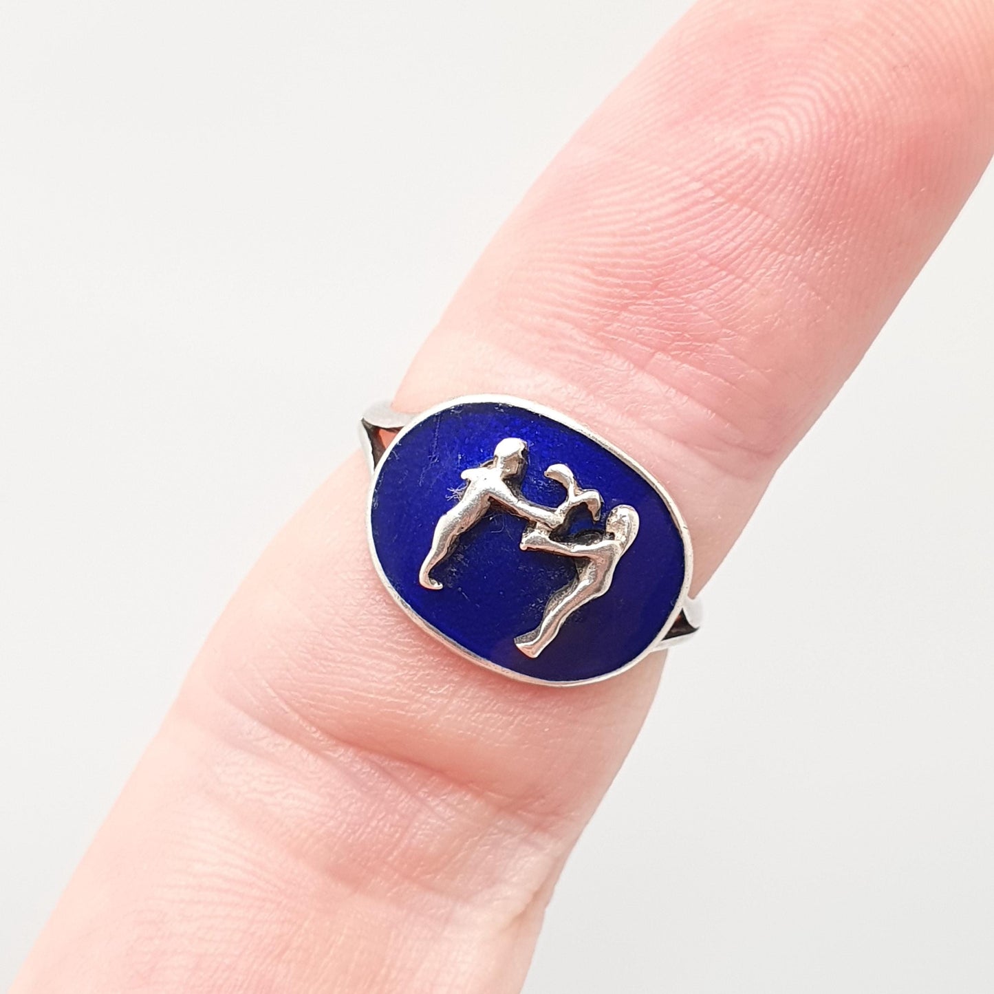 Antique Solid Silver Gemini Signet Ring The Twins Blue Enamel Zodiac Horoscope Vintage Star Sign Jewelry