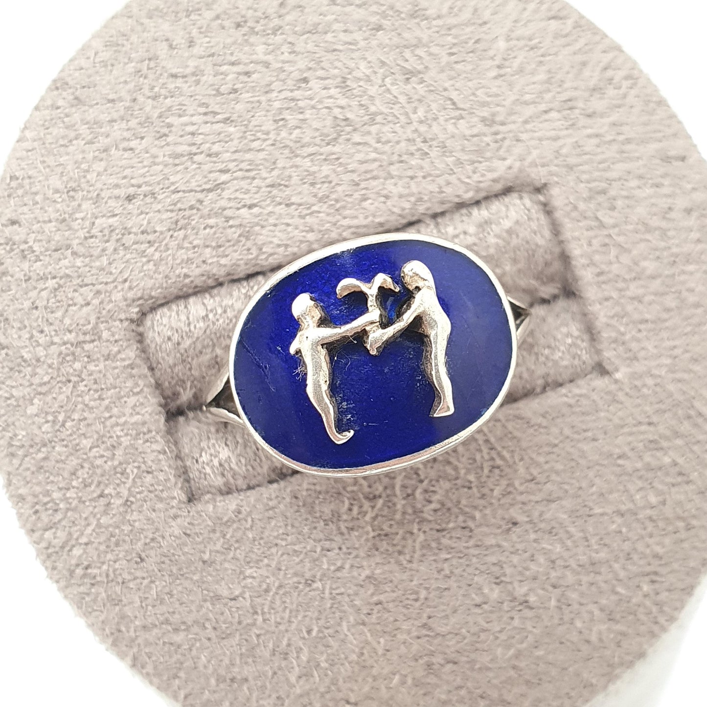 Antique Solid Silver Gemini Signet Ring The Twins Blue Enamel Zodiac Horoscope Vintage Star Sign Jewelry