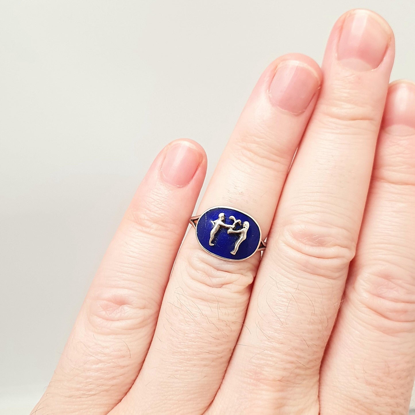 Antique Solid Silver Gemini Signet Ring The Twins Blue Enamel Zodiac Horoscope Vintage Star Sign Jewelry
