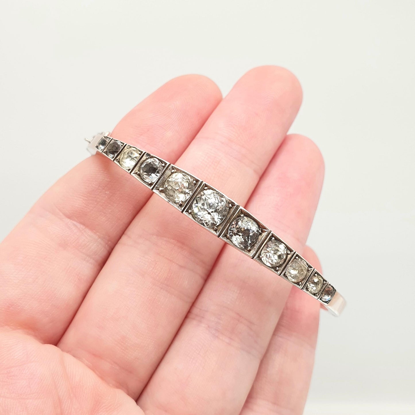 Antique Victorian Solid Silver Diamond Paste Bangle Bracelet 9ct Rose Gold Georgina Style Old Cut Pastes