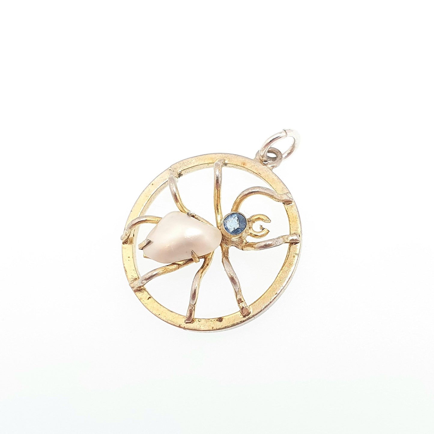 Antique Victorian Rolled Gold Spider Pendant Sapphire Paste Freshwater Pearl Necklace Spiderweb Vintage Jewelry Jewellery