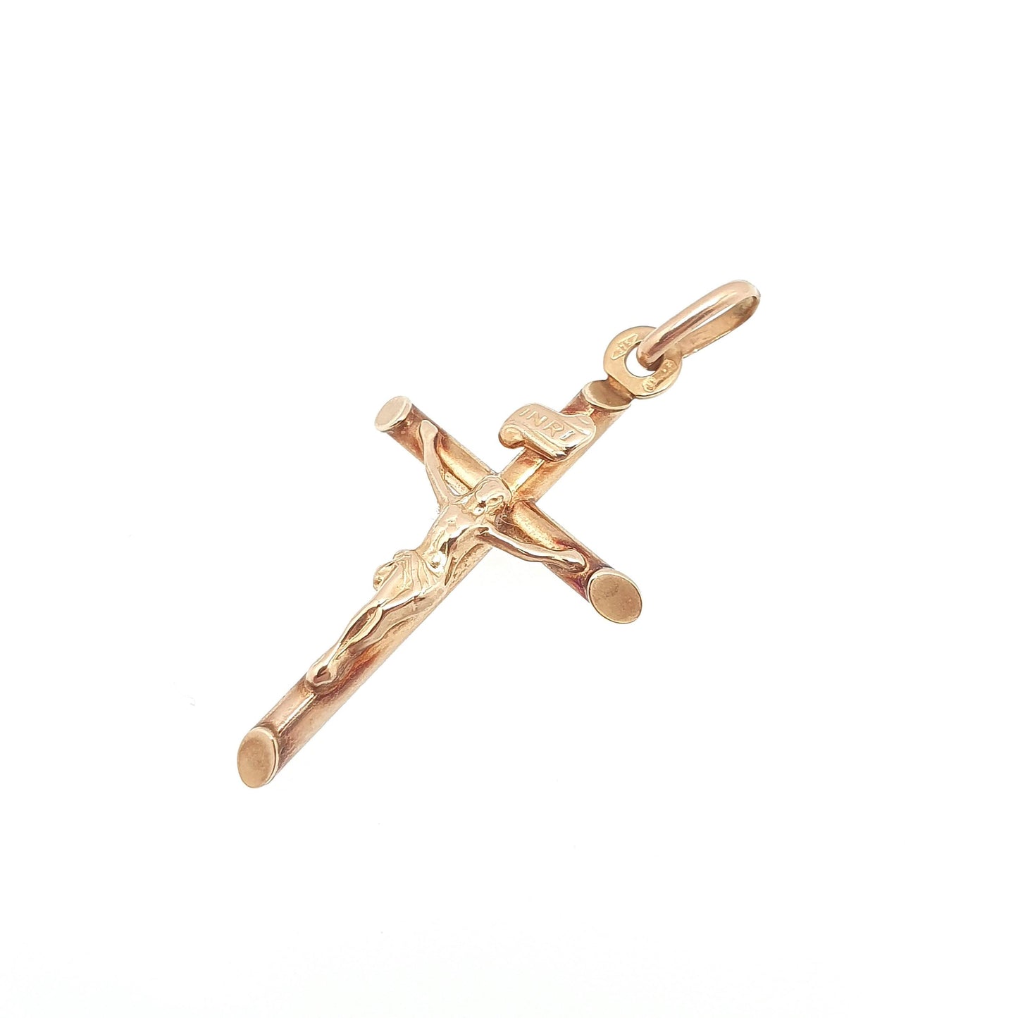 Vintage 9k 9ct Gold Jesus On The Cross Crucifix Necklace Pendant Italy INRI Solid 375 Christian Religious Mens Womens Jewelry Jewellery