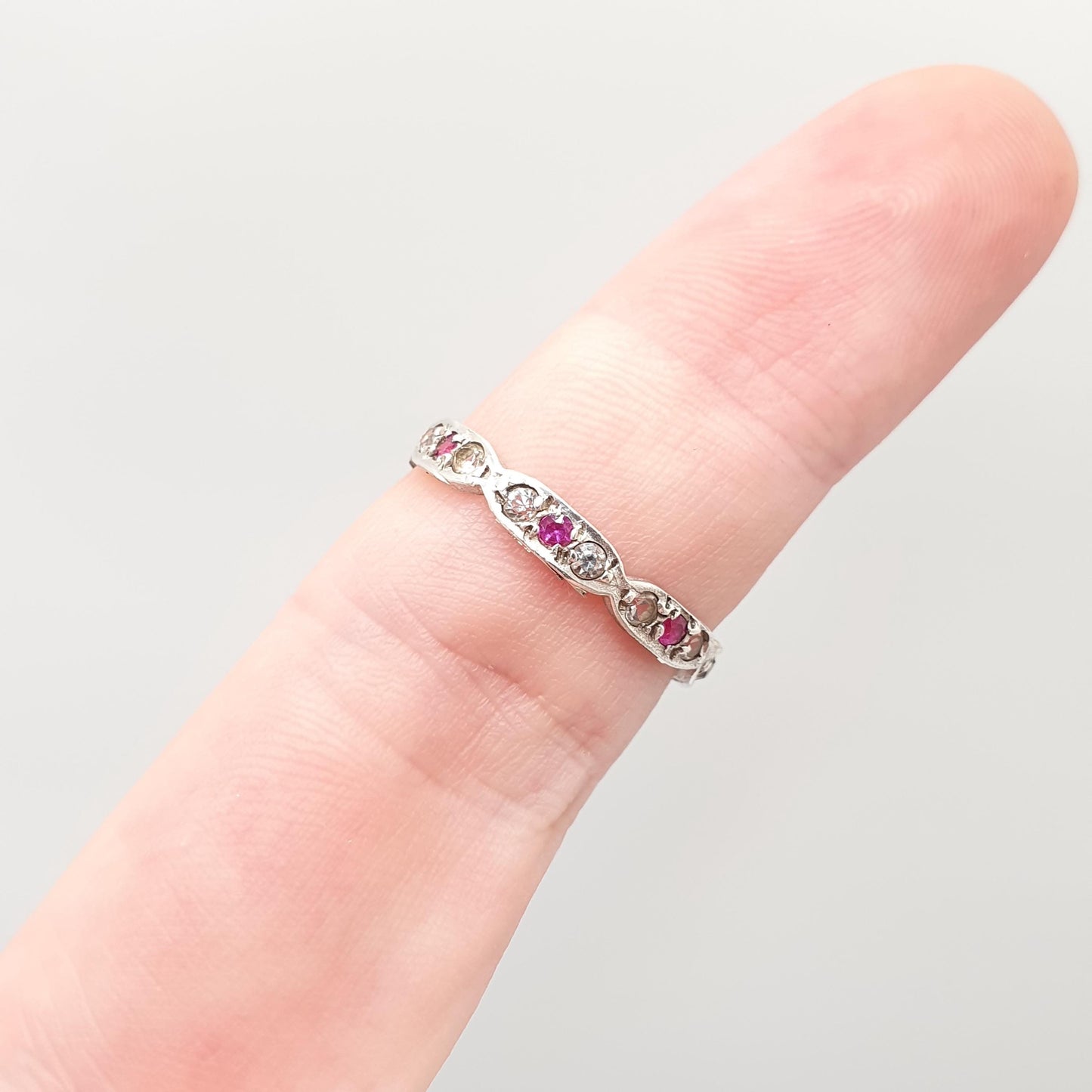 Antique Eternity Ring Solid Silver Ruby & White Spinel 1920s Full Art Deco Red Gemstone Womens Jewellery Jewelry